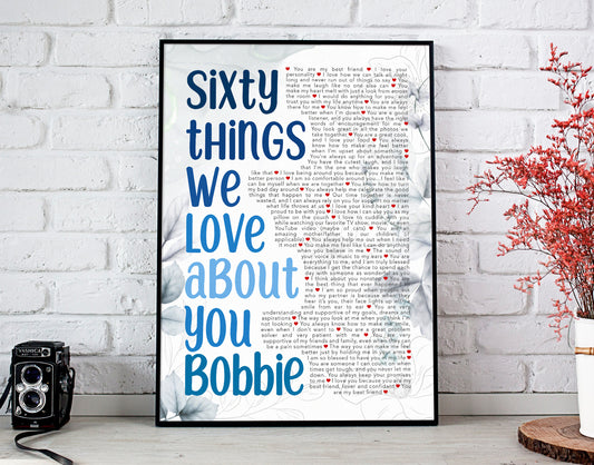 Sixty Things We Love About You - 60th Birthday gift for men - Personalized Name and reasons text - Digital Canvas Print File