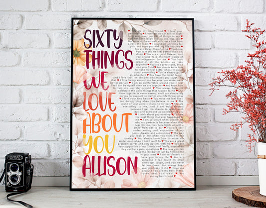 Sixty Things We Love About You - 60th Birthday gift for women - Personalized Name and things text - Digital Canvas Print File