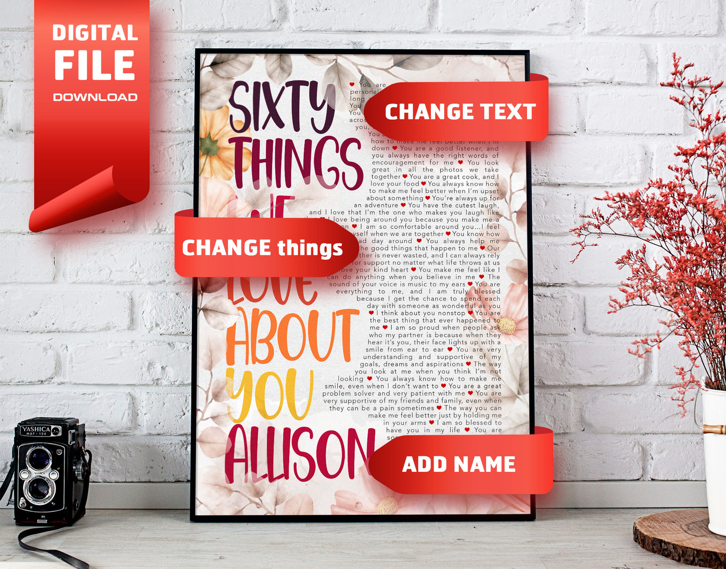 Sixty Things We Love About You - 60th Birthday gift for women - Personalized Name and things text - Digital Canvas Print File
