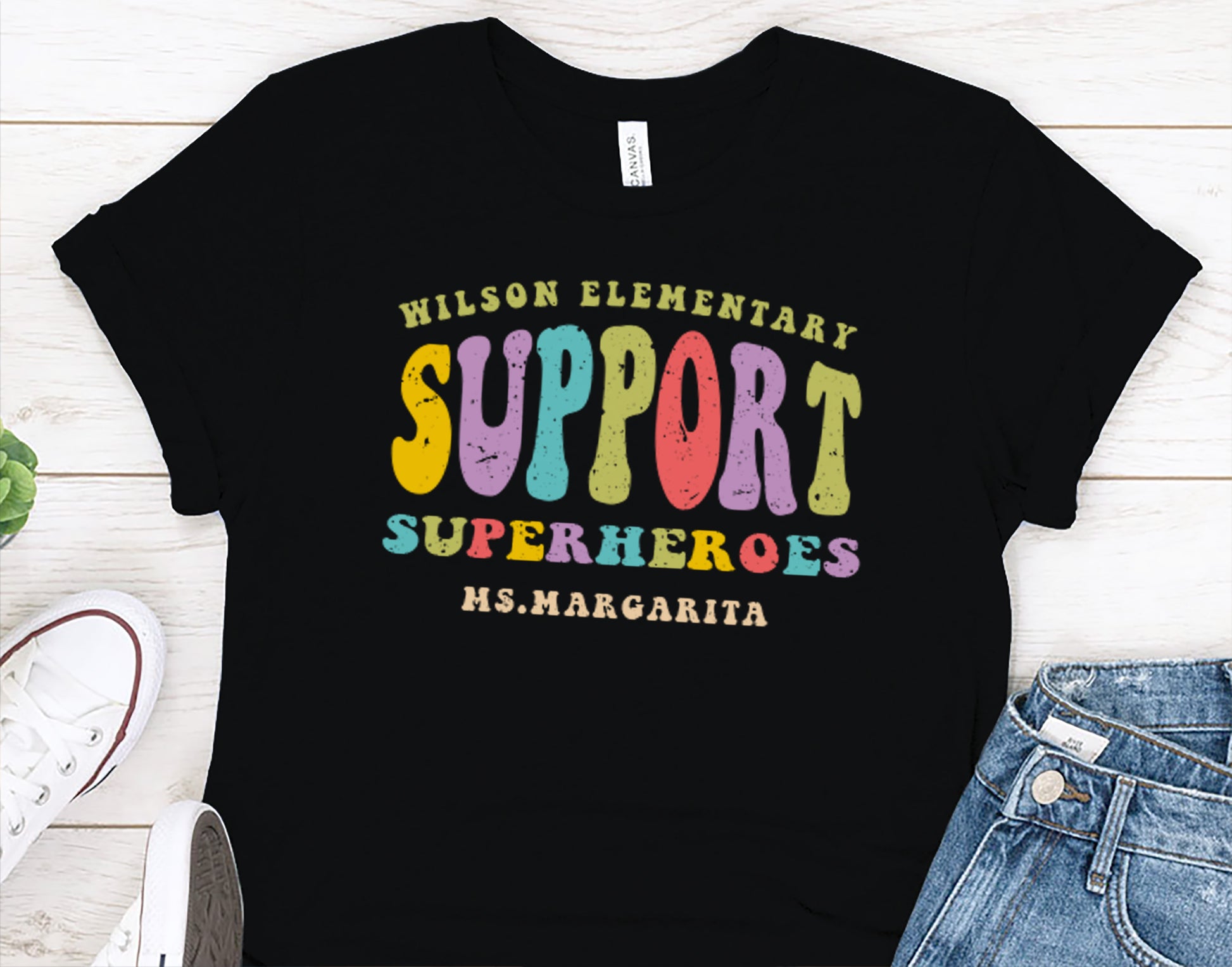 Funny Support Superheroes Shirt | Personalized School and Teacher Name | Para Educator