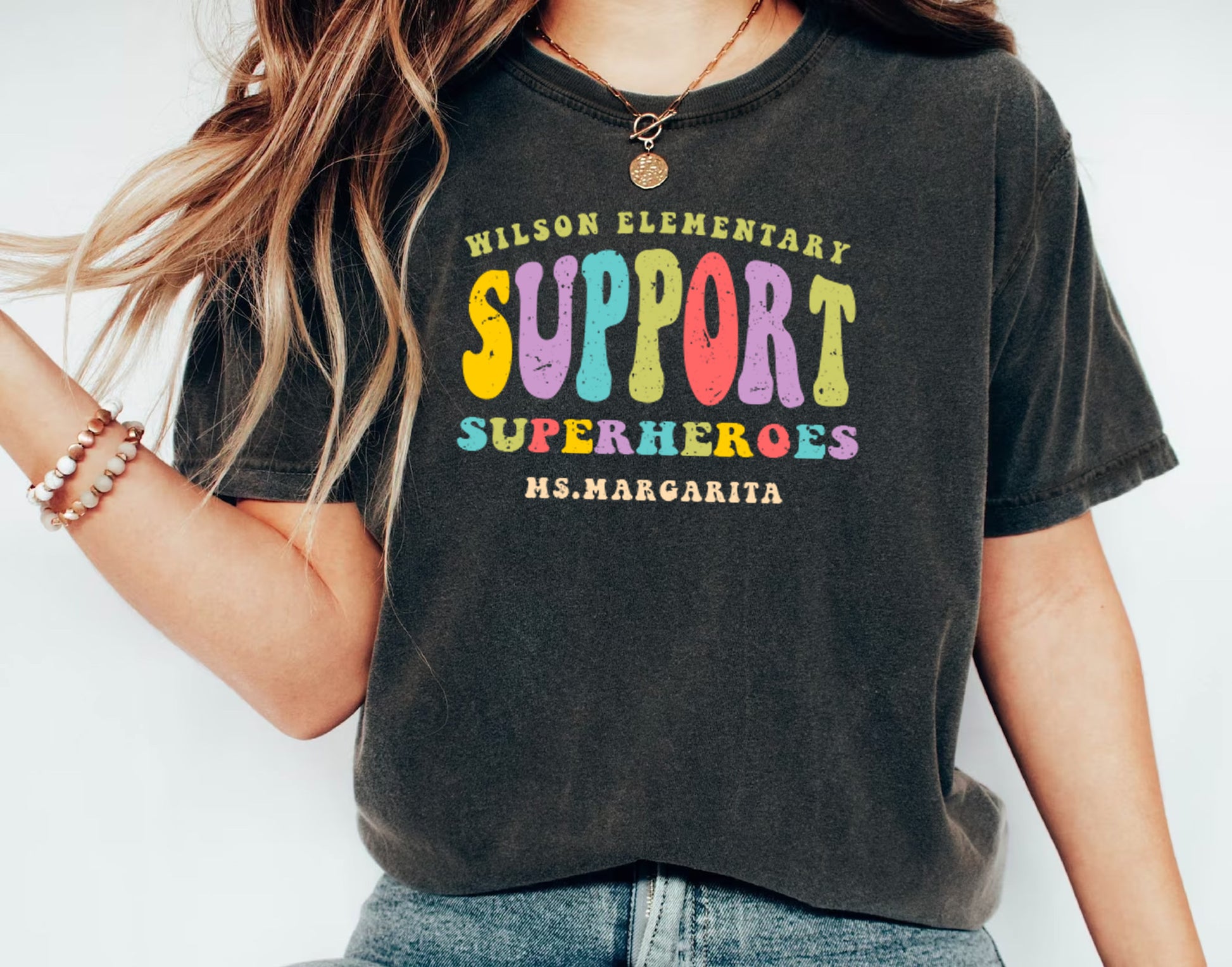 Funny Support Superheroes Shirt | Personalized School and Teacher Name | Para Educator