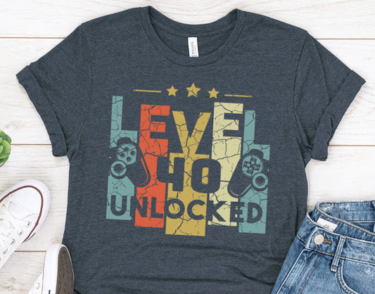 40th Birthday Gift for men or women, Level 40 Unlocked Funny Gamer Shirt for Husband