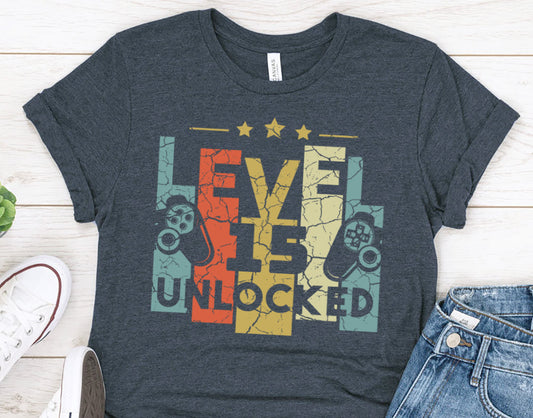15th Birthday gift for Son or Daughter, Level 15 Unlocked Shirt for Nephew or Niece