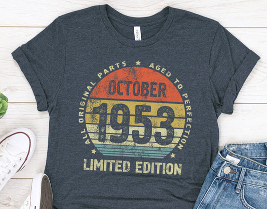 70th birthday gift shirt for men or women October 1953 shirt for wife or husband