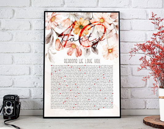 40 Reasons We Love You - Mothers day gift - Personalized 40th Birthday gift - Digital Print Canvas File