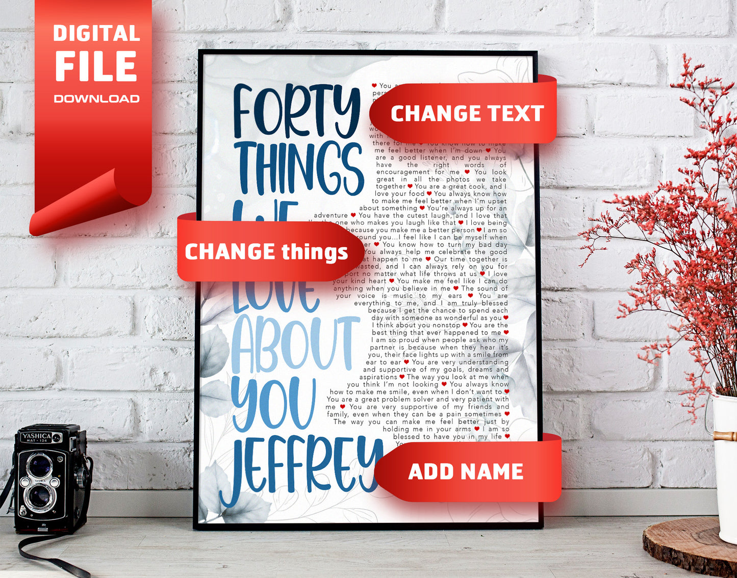 40th Birthday Gift - Forty things we love about you - Personalized Name and things text - Digital Canvas Print File