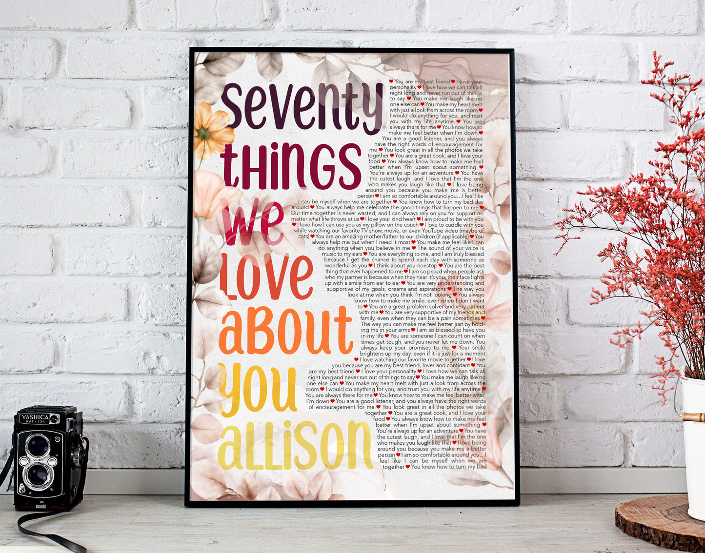 70th Birthday Gift - Seventy Things We Love About You - Personalized Name and Things Text