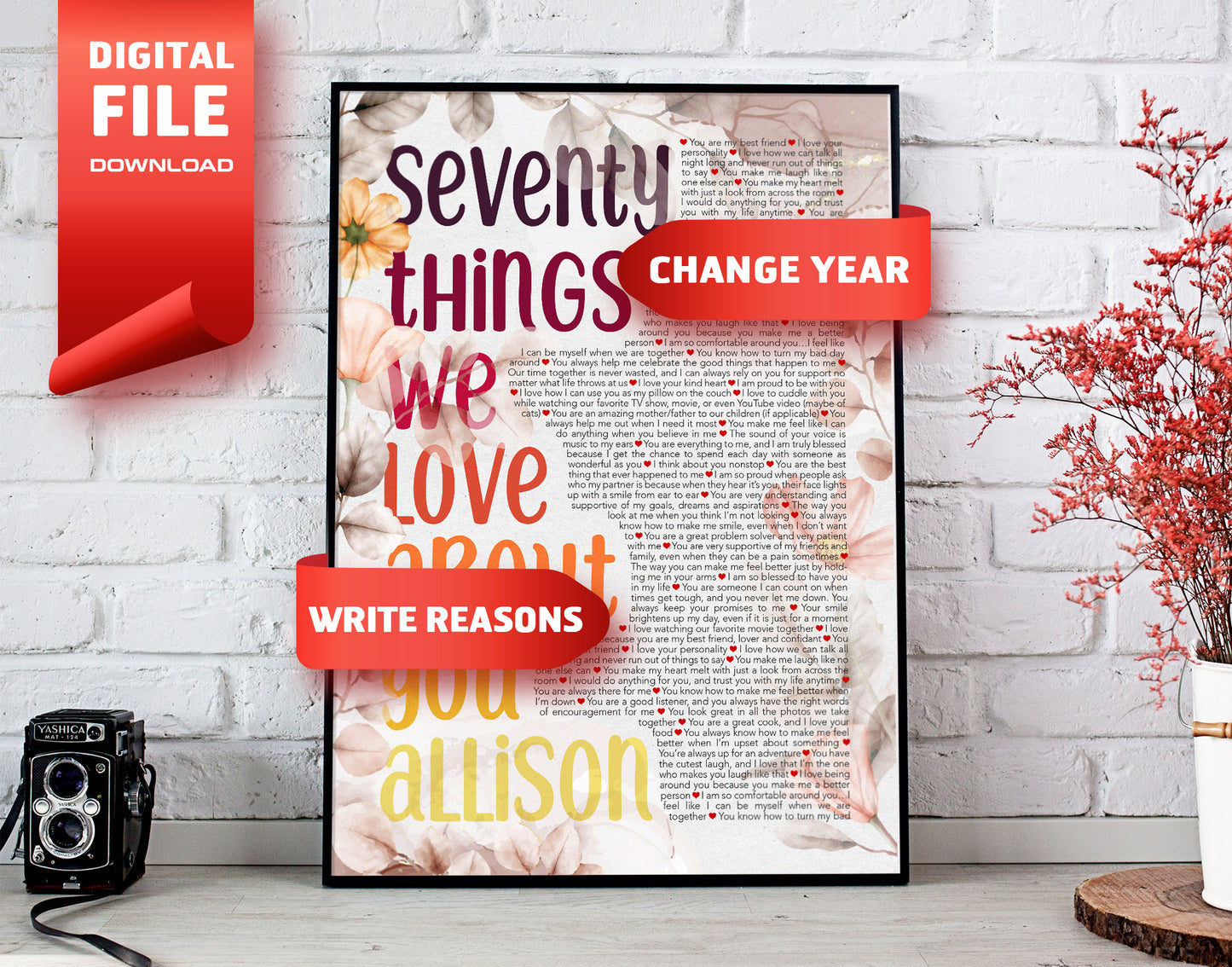 70th Birthday Gift - Seventy Things We Love About You - Personalized Name and Things Text