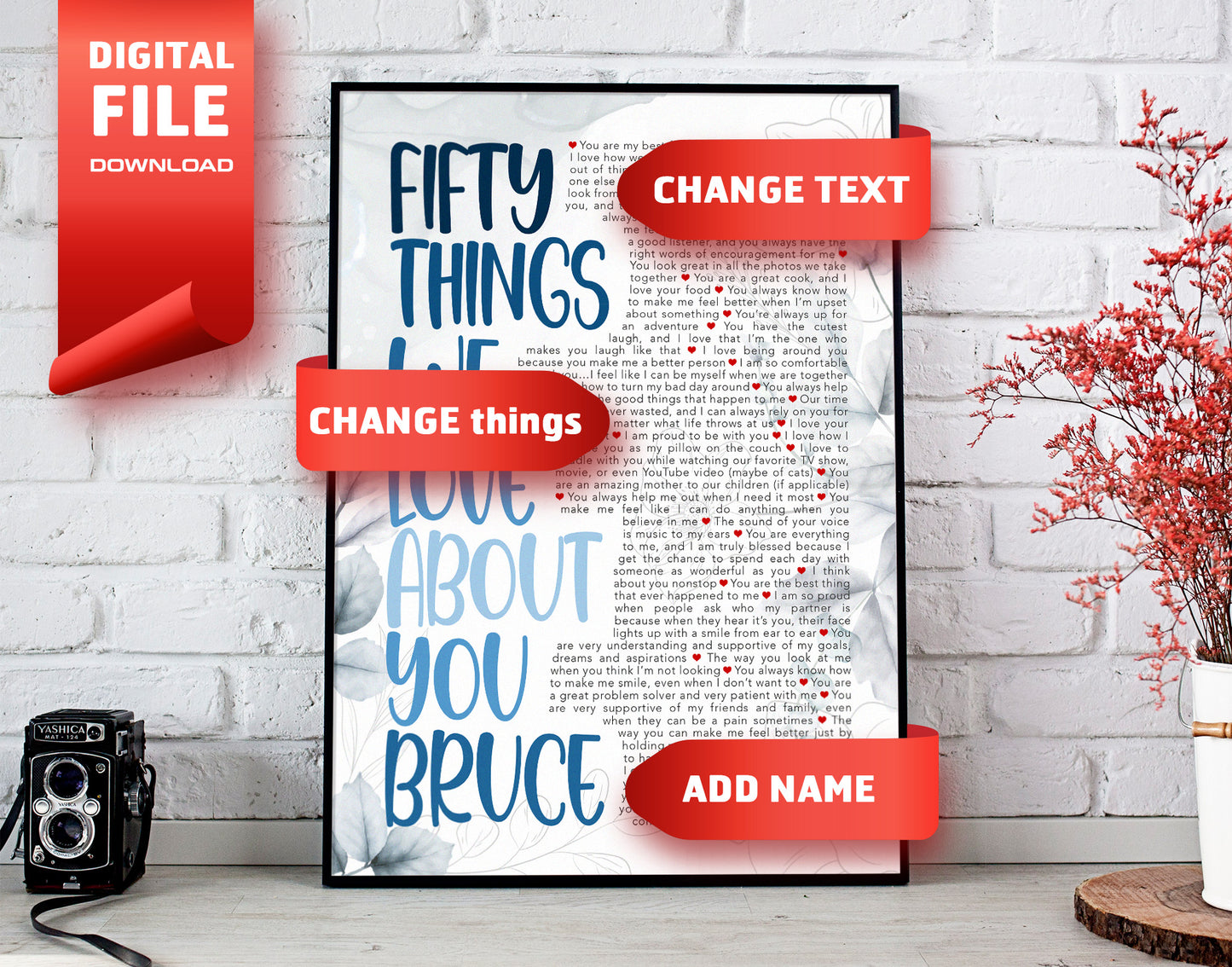 50th birthday gift - Fifty Things We Love About You - Personalized Name and Things text - Digital Canvas Print File