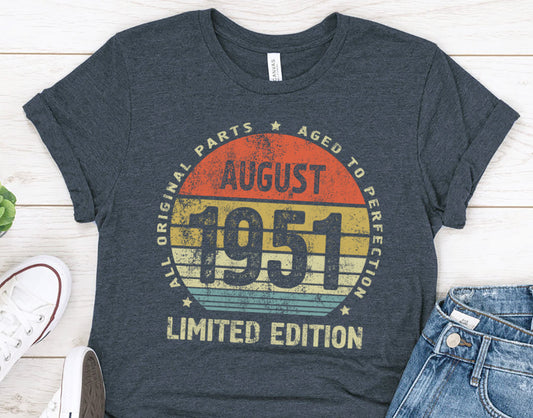 Vintage August 1951 shirt for women or men - 70th birthday gift t-shirt for sister or brother - 70 anniversary tshirt for wife or husband - All Original Parts Aged to Perfection - 37 Design Unit