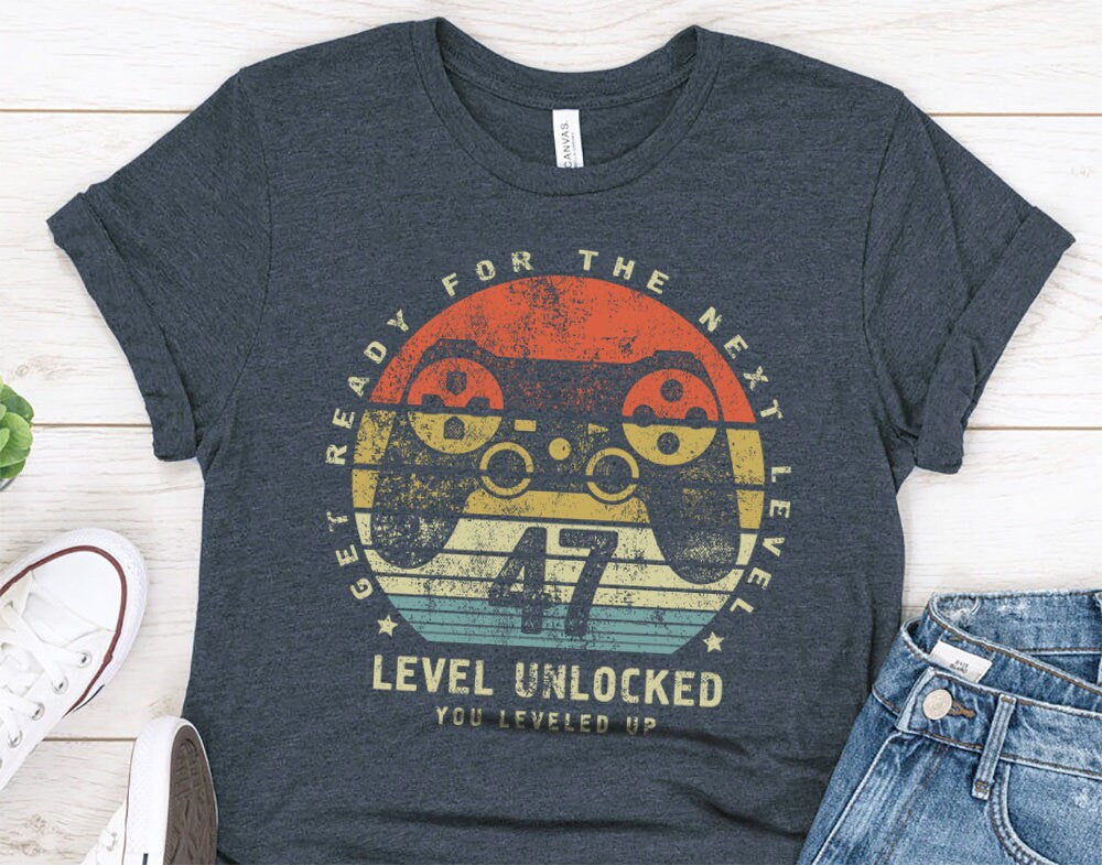Level 47 Unlocked T-Shirt for Husband or Brother, Funny Gamer Gift Shirt
