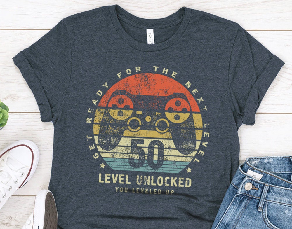 Level 50 Unlocked Gamer Gift T-Shirt for Husband or Dad, Funny Mens 50th Birthday Shirt